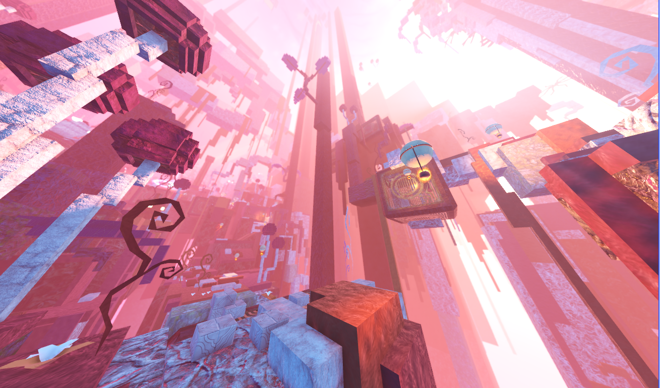 Pink stone towers and platforms in Heart of the Unreturned